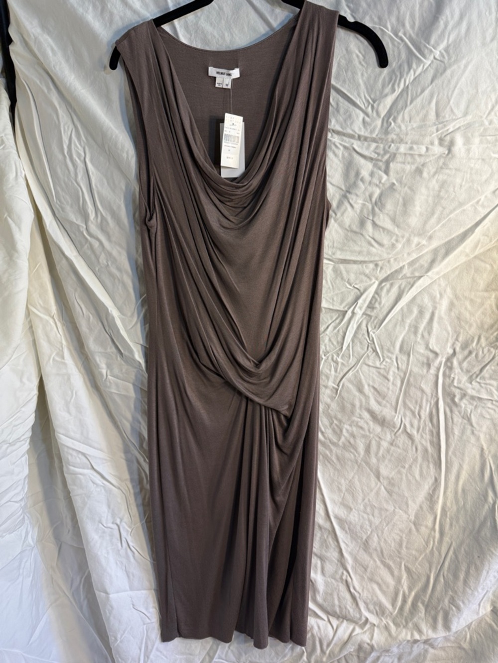 Helmut Lang Draped Sleeveless Midi Dress in Taupe Gray
